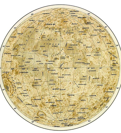 Карта видимой с Земли стороны Луны. Около её Южного полюса располагается кратер Кабео (диаметр 98 км, глубина 4 км), названный в честь итальянского учёного Николы Кабео (1586—1650).
