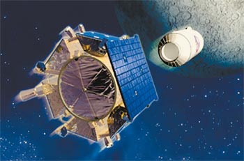 АМС «LCROSS» и «Центавр» — ступень ракеты «Атлас-V». 9 октября 2009 года эти две «бомбы» были сброшены на поверхность Луны, в кратер Кабео. Иллюстрация NASA.