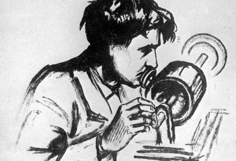 Эдисон тестирует свой фонограф, рисунок 1878 года (miSci Archives)
