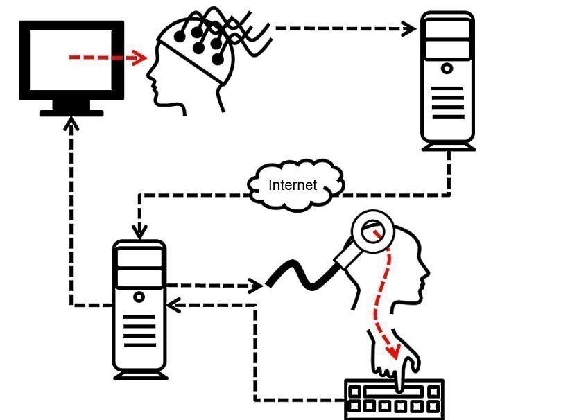Схема эксперимента по связи двух людей при помощи интерфейса мозг-мозг