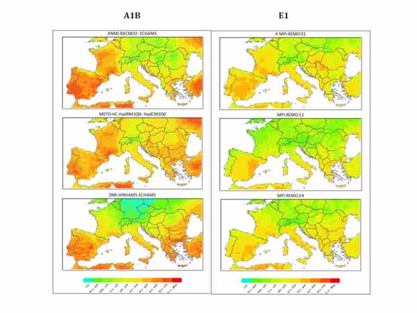 К концу века страны Европы ожидает среднее повышение температуры. Рисунок из доклада климатологов. 