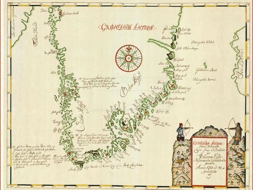 Карта Гренландии, выполненная Хансом Эгеде (1723)