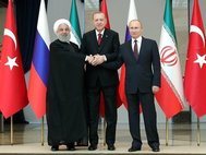 Владимир Путин с Хасаном Рухани и Реджепом Тайипом Эрдоганом 
