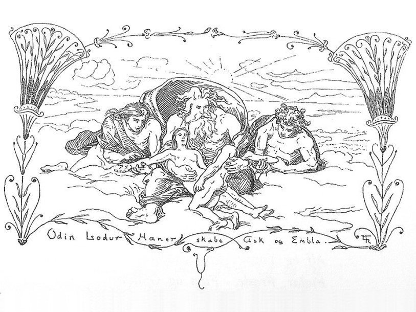 Один, Хёнир и Лодур создают Аска и Эмблу. Лоренц Фрёлих, 1895