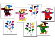 Примеры изображений клоунов и шариков, количество цветов определяет уровень сложности