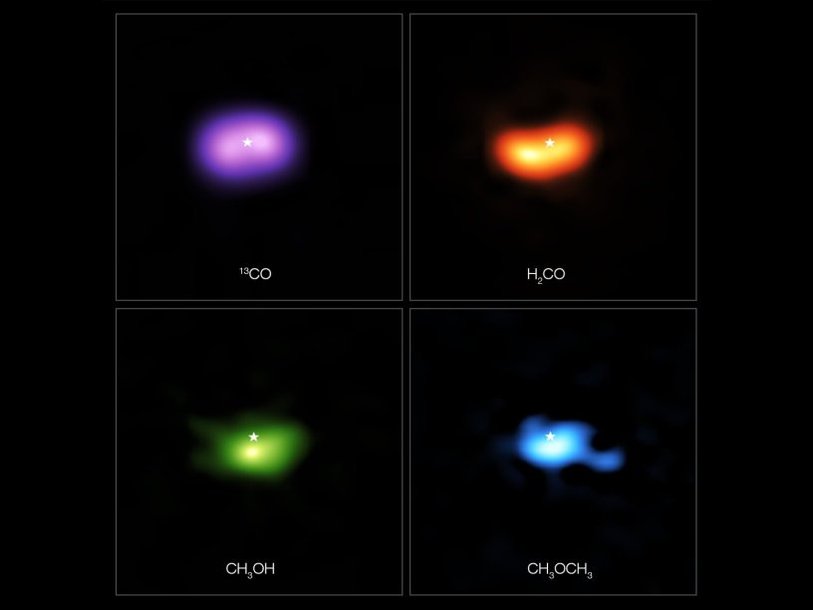 В протопланетном диске звезды IRS 48 обнаружили нескольких видов сложных органических молекул, в том числе формальдегида (H2CO; оранжевый цвет), метанола (CH3OH; зелёный) и диметилэфира (CH3OCH3; голубой), а также угарный газ (13CO; пурпурный)