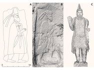 Рельефы с изображением правителя в Рабана-Меркули (a и b) и статуя царя Аттала в городе Хатра (c)